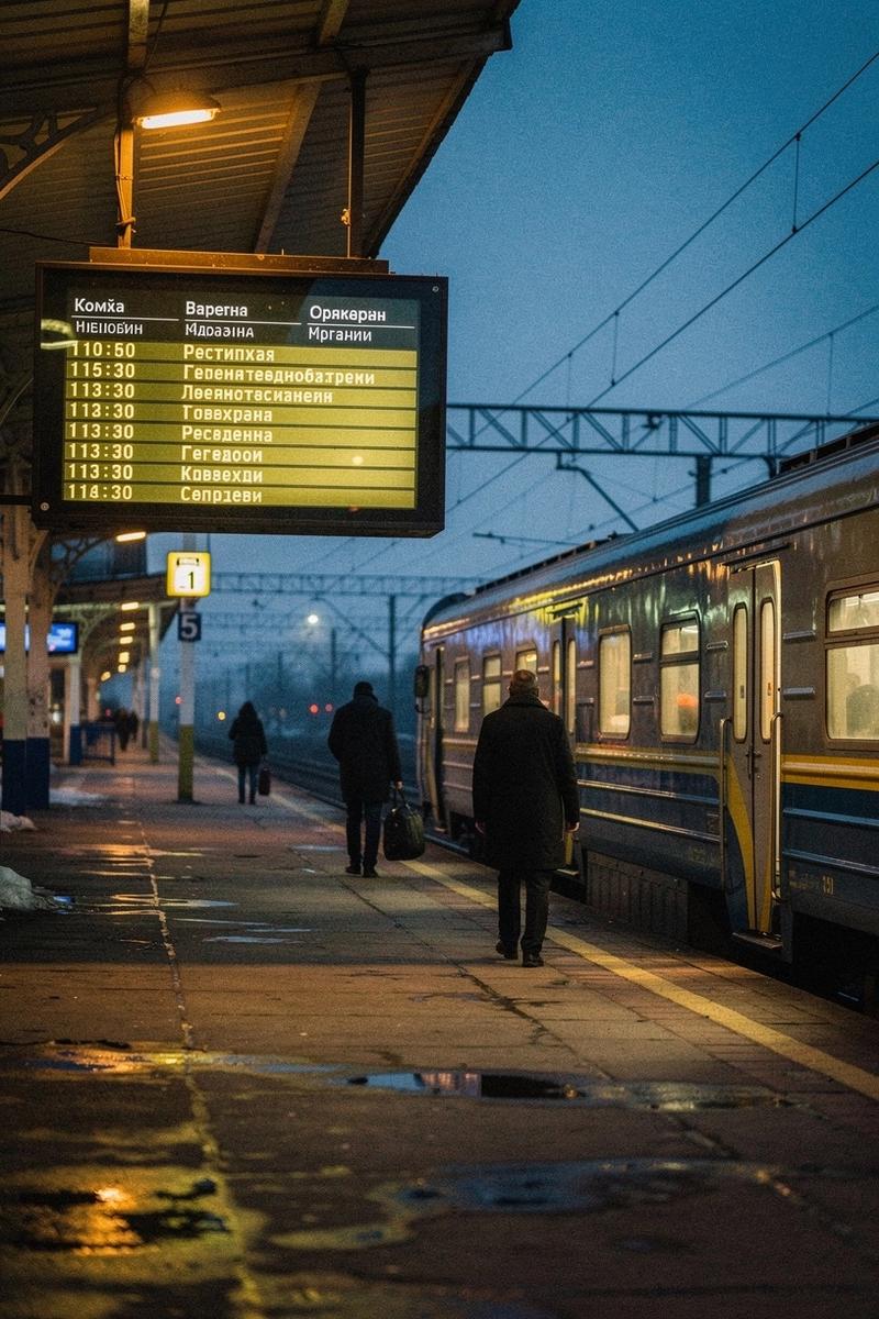 Departure board and evening train on a platform in western Ukraine